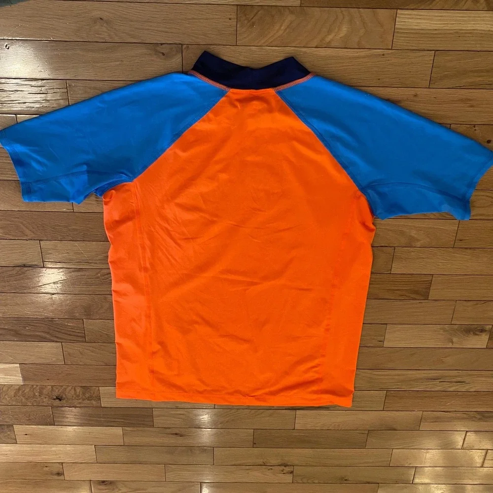 Lands End Mens XXL Orange Blue‎ Short Sleeve Rash Guard Swim Shirt Mock Neck
